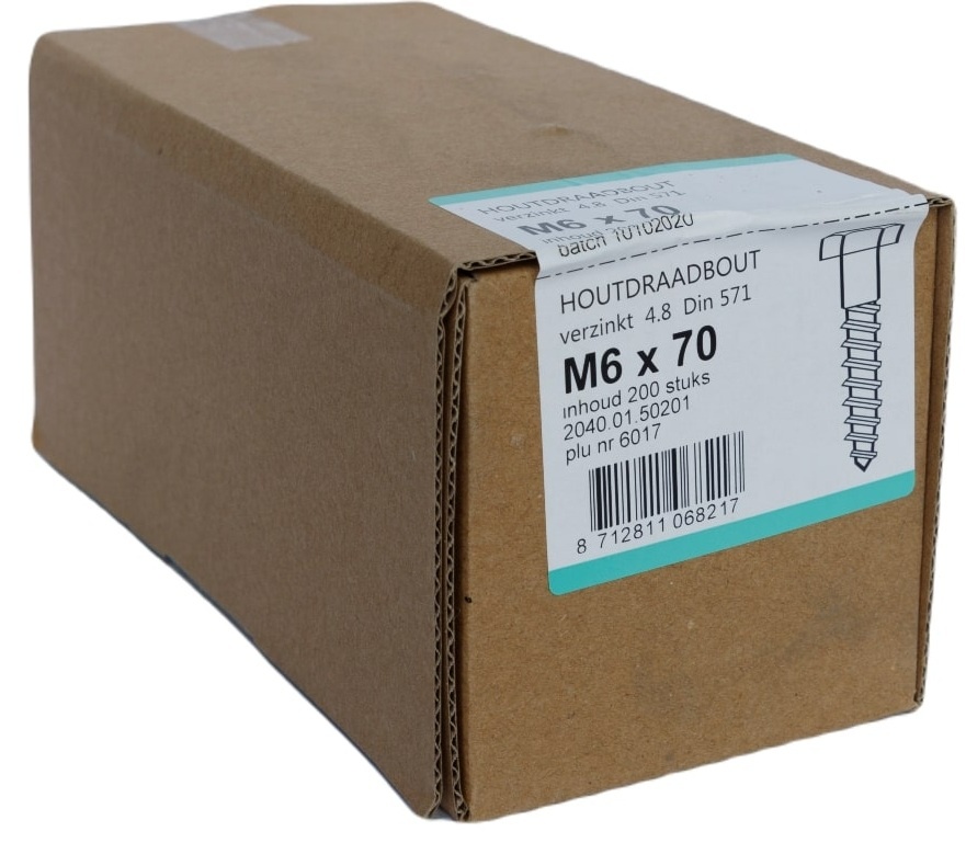 Houtdraadbout Verzinkt 4.6 DIN571 6x70 - 200 stuks
