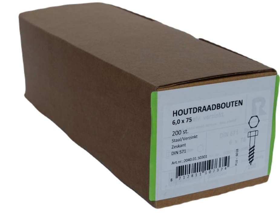 Houtdraadbout Verzinkt 4.6 DIN571 6x75 - 200 stuks