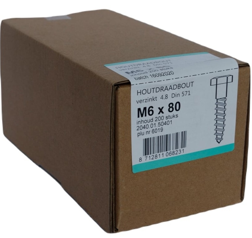 Houtdraadbout Verzinkt 4.6 DIN571 6x80 - 200 stuks