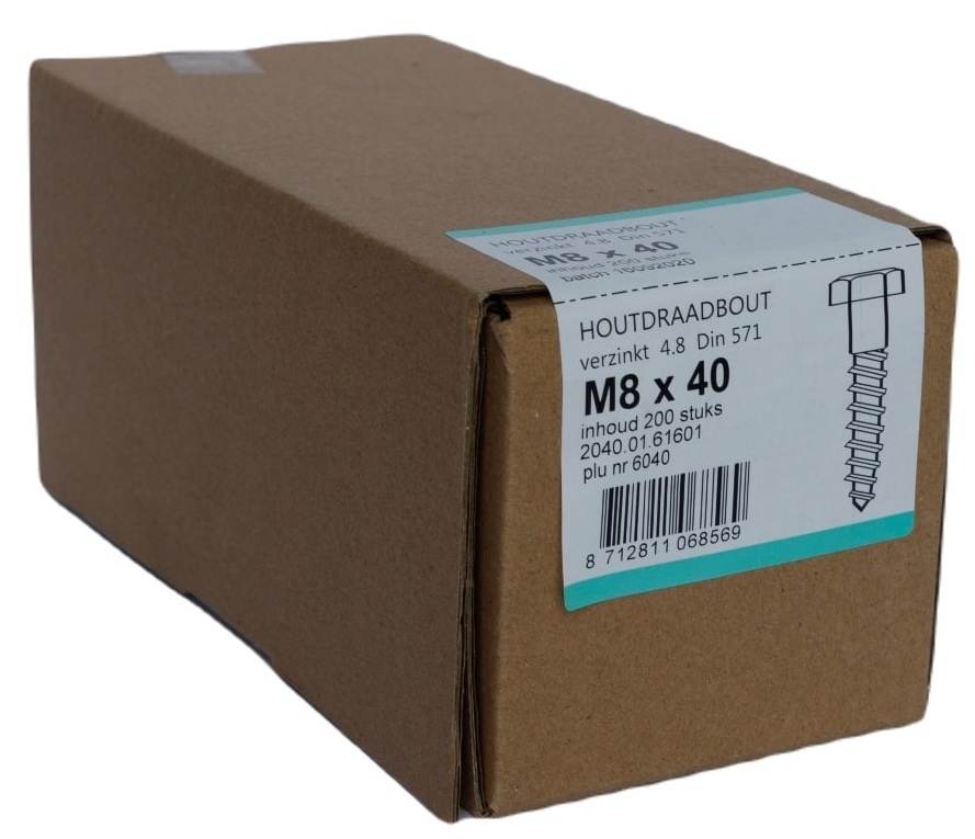 Houtdraadbout Verzinkt 4.6 DIN571 8x40 - 200 stuks