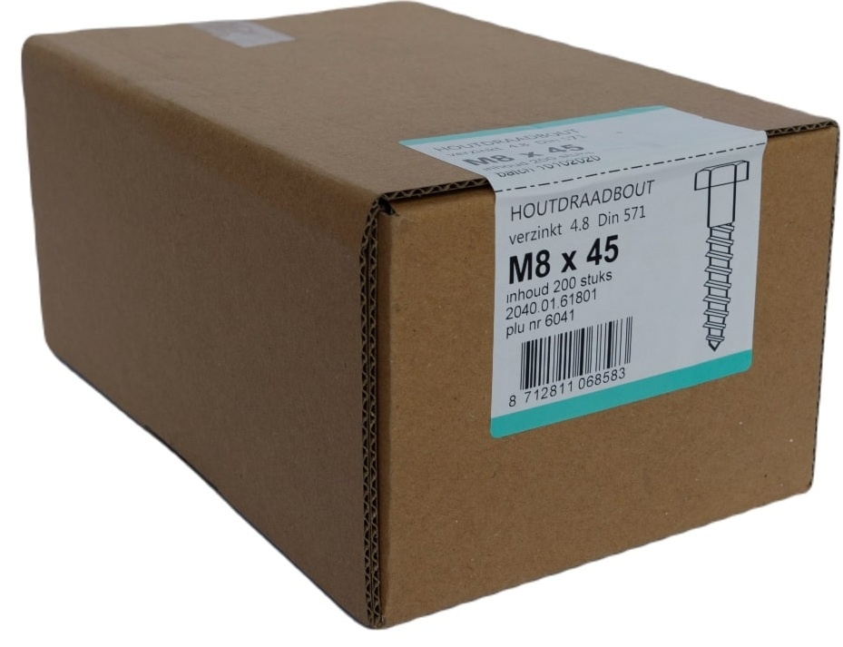 Houtdraadbout Verzinkt 4.6 DIN571 8x45 - 200 stuks