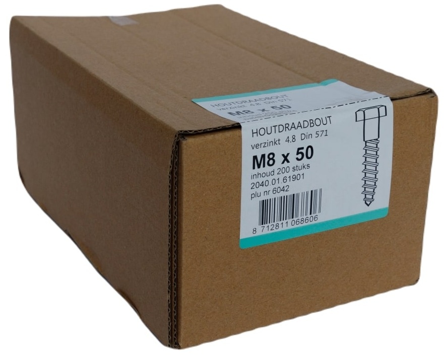 Houtdraadbout Verzinkt 4.6 DIN571 8x50 - 200 stuks