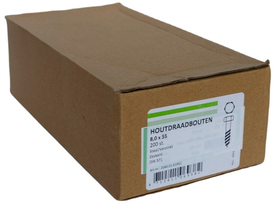 Houtdraadbout Verzinkt 4.6 DIN571 8x55 - 200 stuks