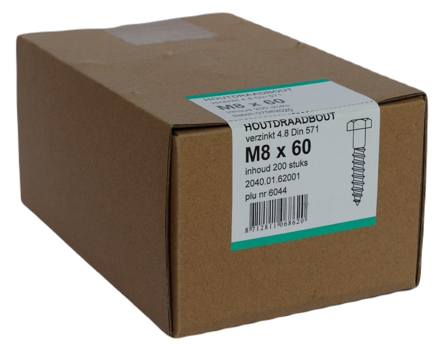 Houtdraadbout Verzinkt 4.6 DIN571 8x60 - 200 stuks