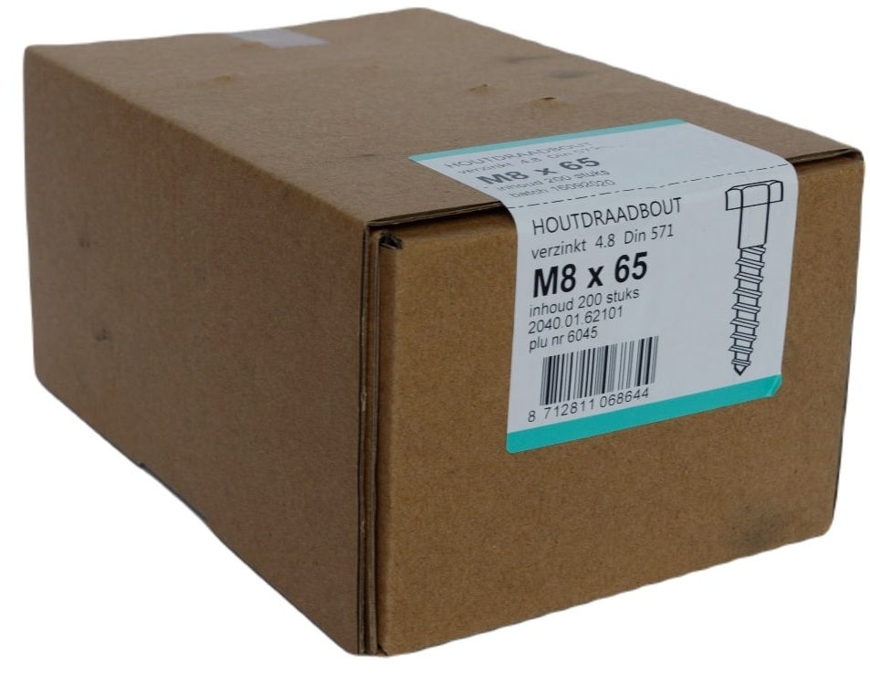 Houtdraadbout Verzinkt 4.6 DIN571 8x65 - 200 stuks