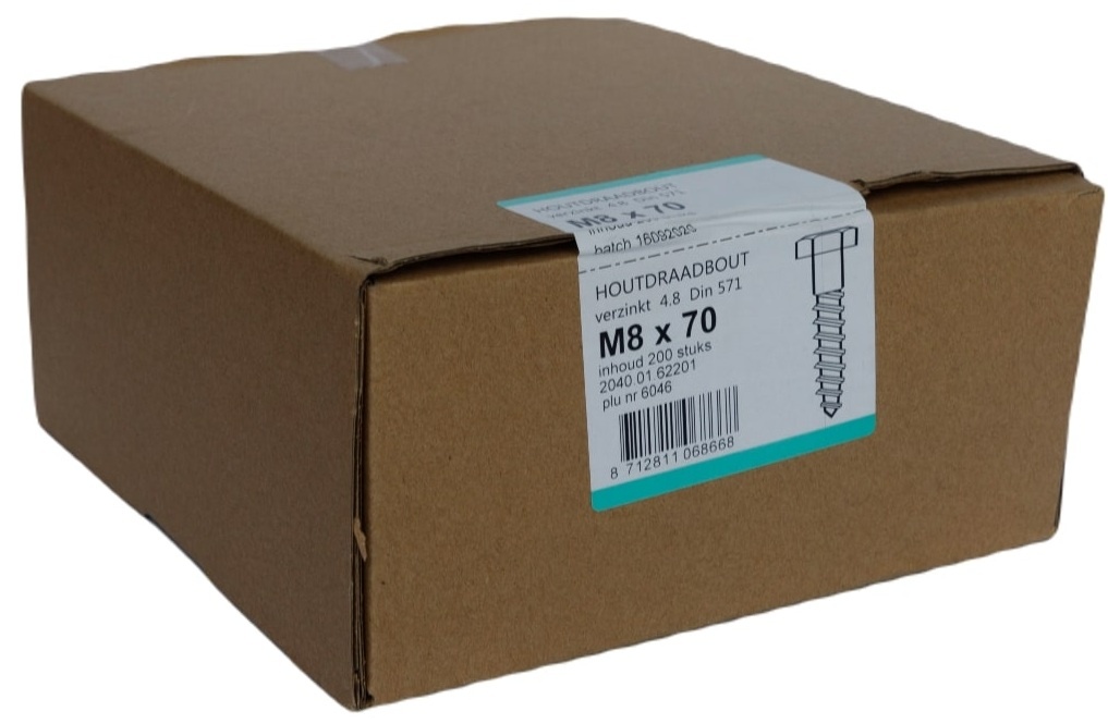 Houtdraadbout Verzinkt 4.6 DIN571 8x70 - 200 stuks