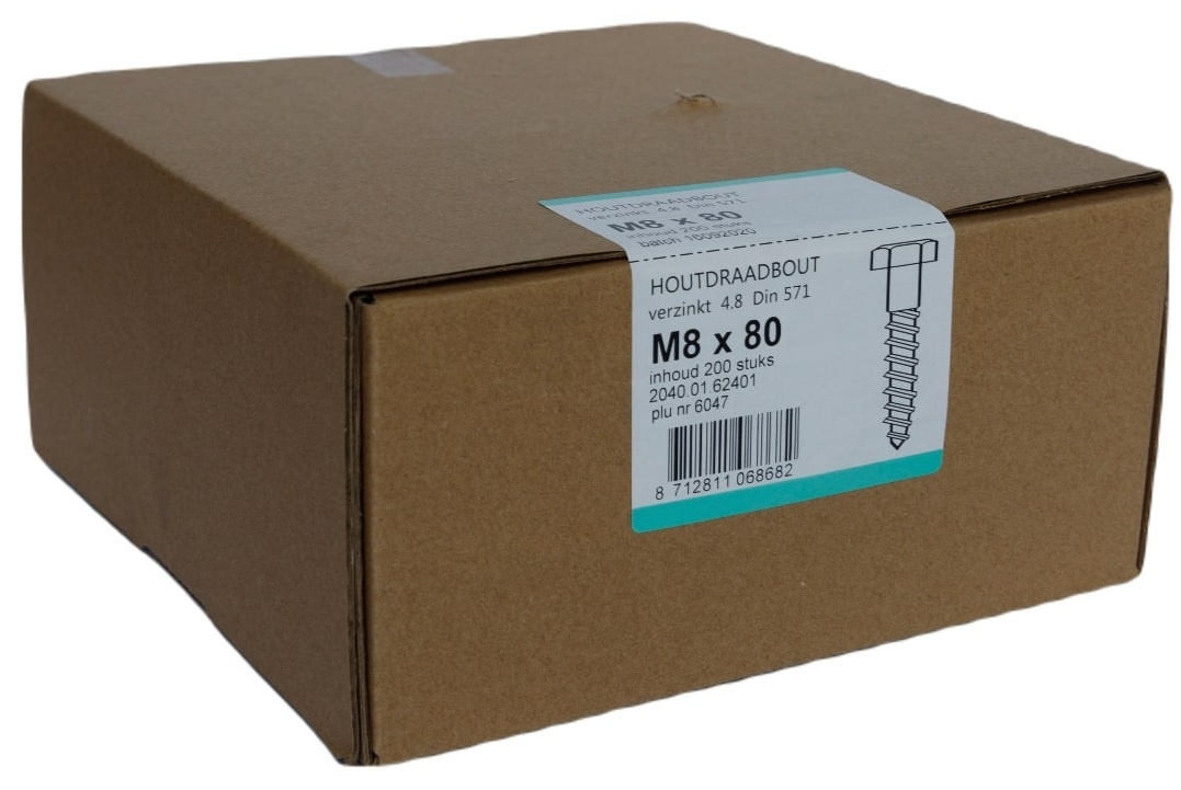 Houtdraadbout Verzinkt 4.6 DIN571 8x80 - 200 stuks