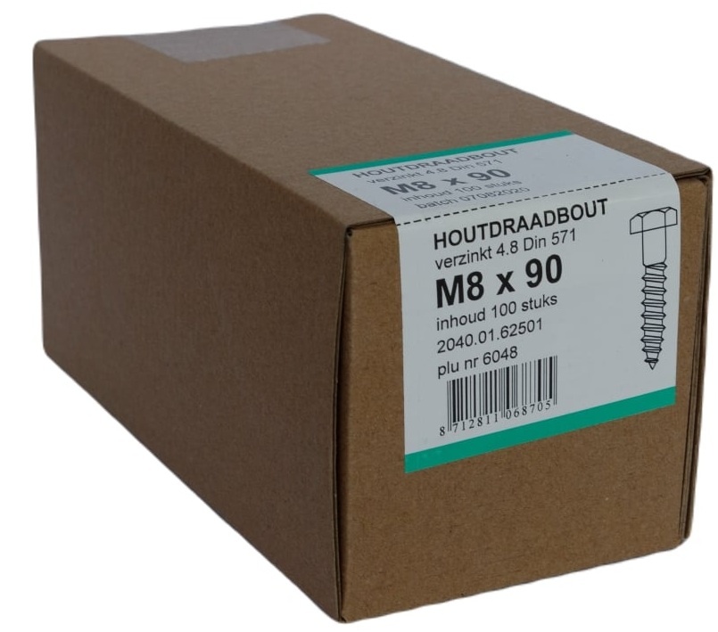 Houtdraadbout Verzinkt 4.6 DIN571 8x90 - 100 stuks