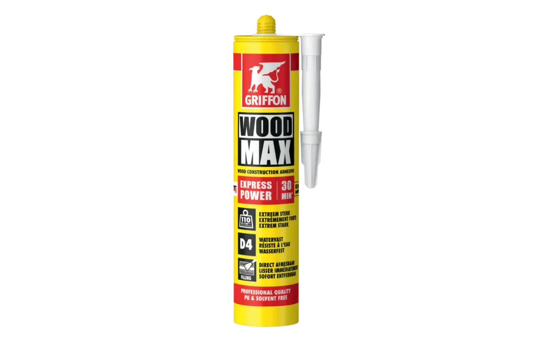 Wood Max Express Extreem sterke, snelle, watervaste, di-isocyanaatvrije en vullende houtconstructielijm op basis van SMP-Polymeer.