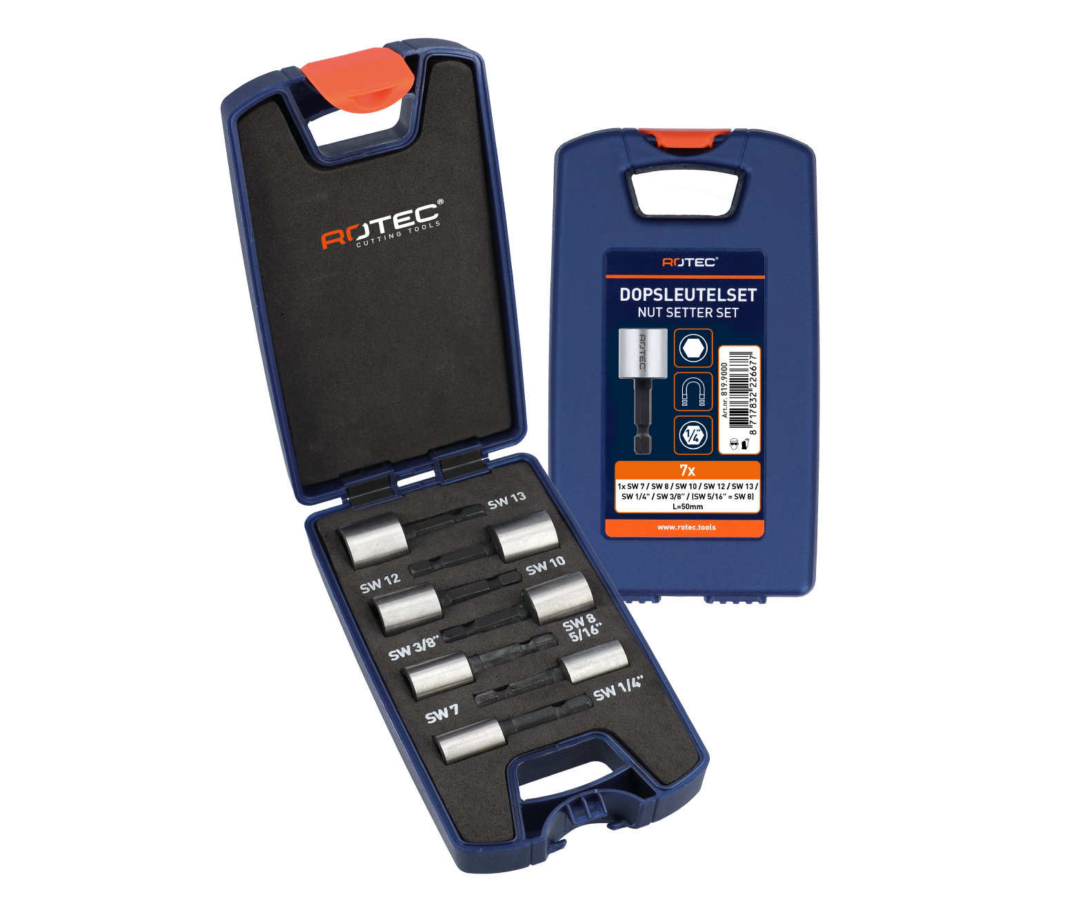 Rotec Dopsleutelset magnetisch 7-dlg. set dopsleutels met E6.3 1/4"-bit-opname, in ABS-cassette
