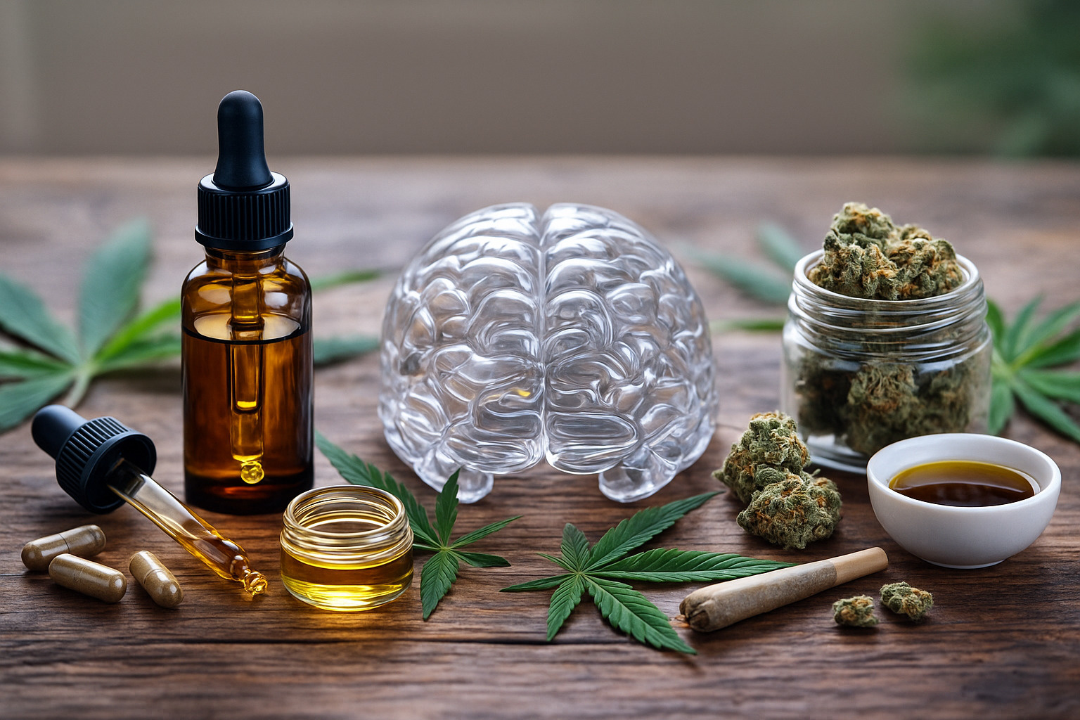 "Comparison of CBD and THC products arranged around a glass brain model, featuring cannabis oil, capsules, buds, and leaves on a rustic wooden surface."