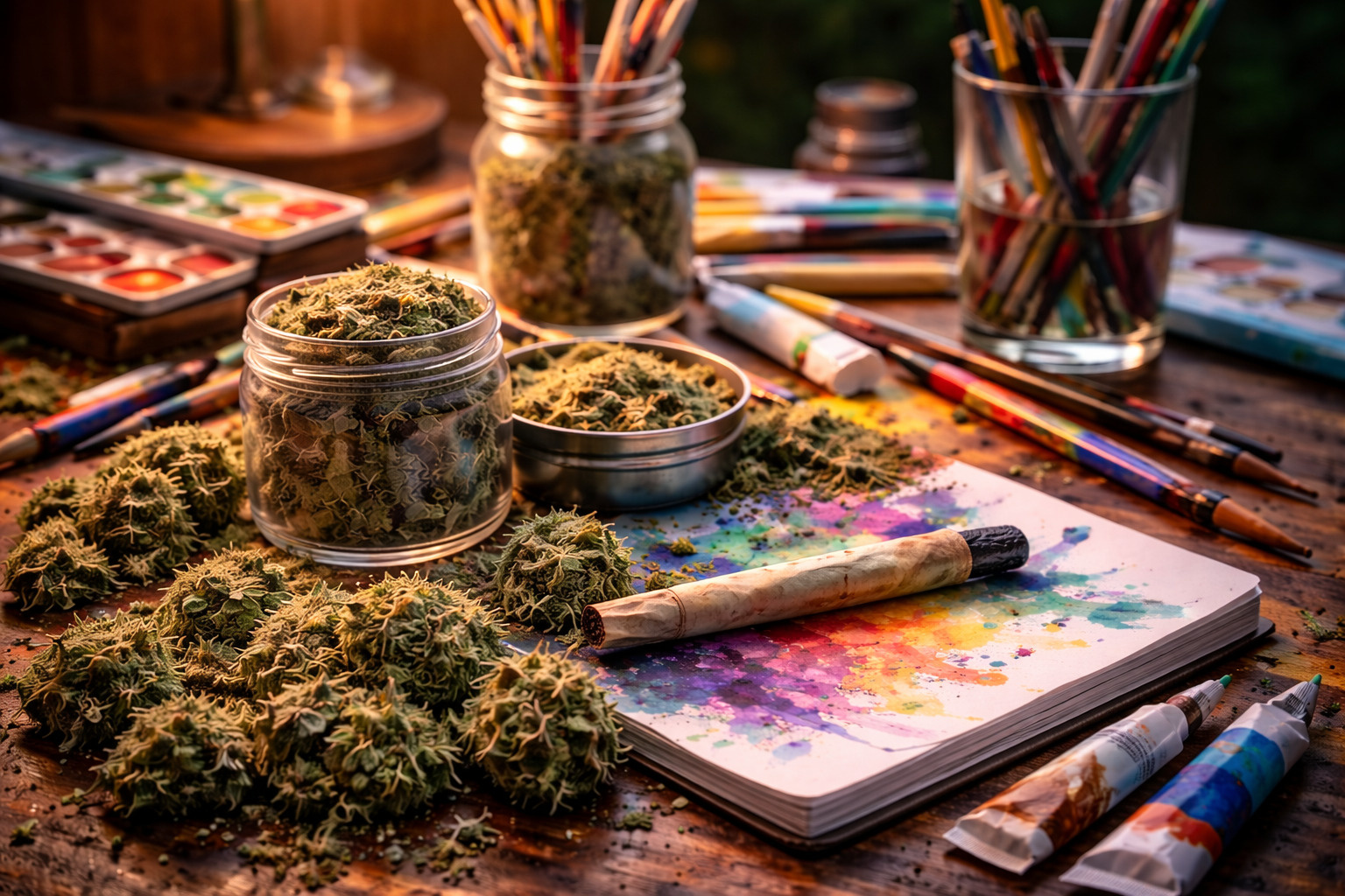 Art supplies and cannabis on a wooden table illustrating the relationship between weed and creative thinking
