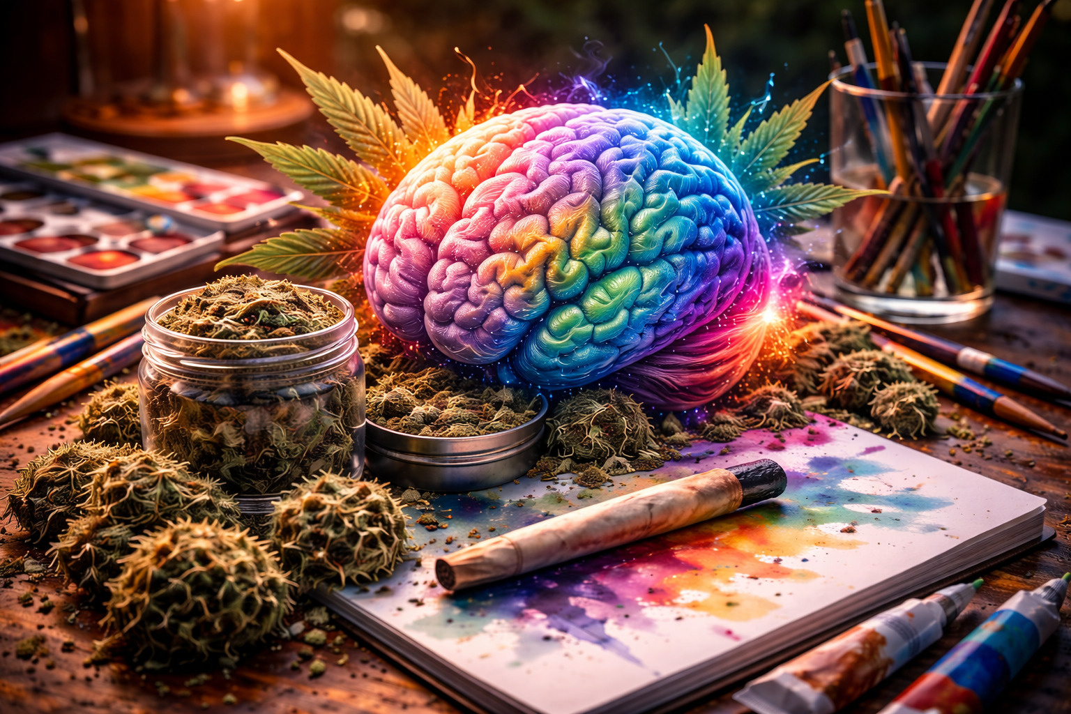 Close-up of cannabis buds in the foreground with art supplies in the background representing cannabis and creativity brain image