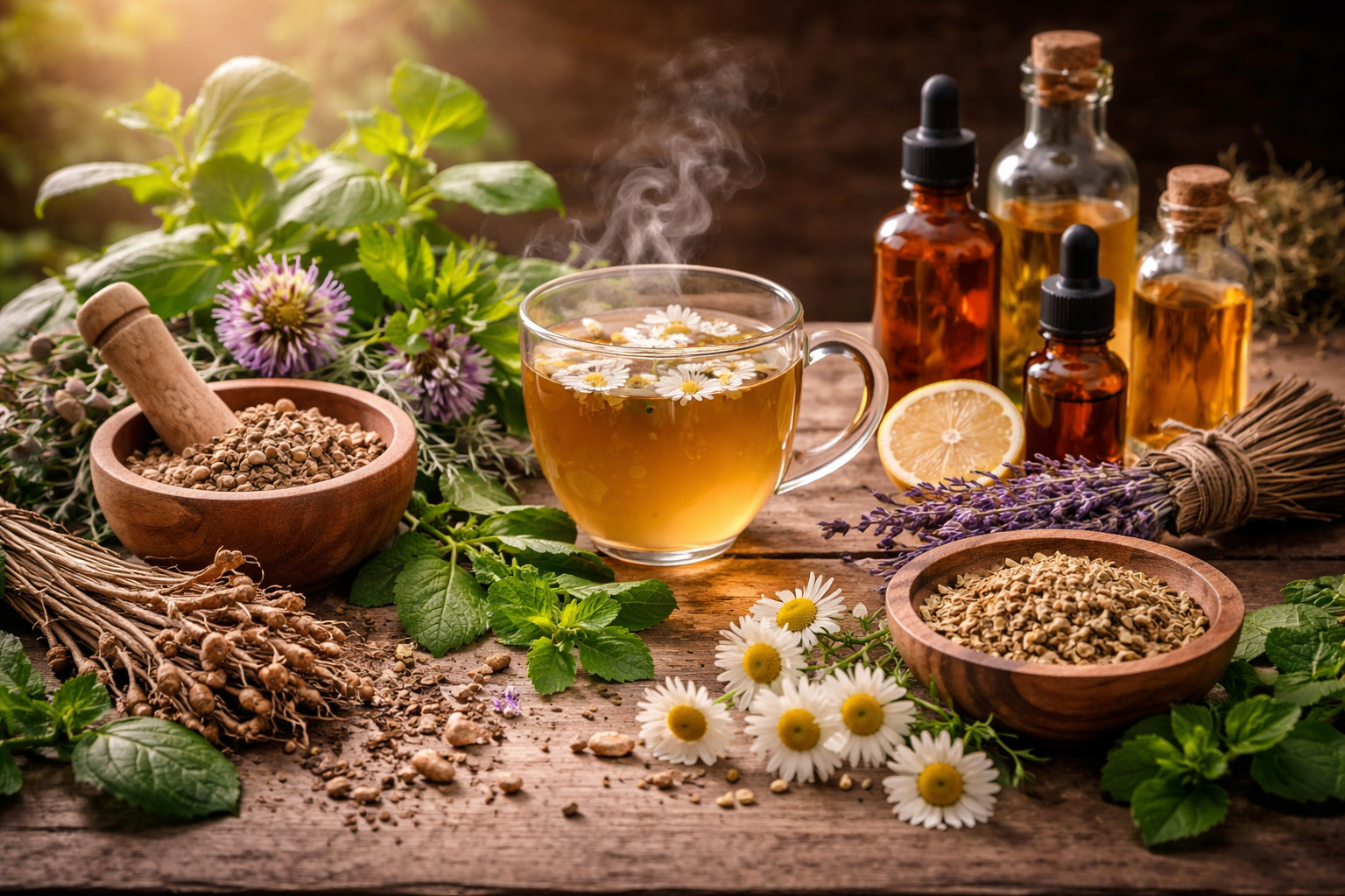 Een kopje kamillethee met natuurlijke, ontspannende kruiden, lavendel en botanische extracten, geserveerd bij warm, natuurlijk licht.