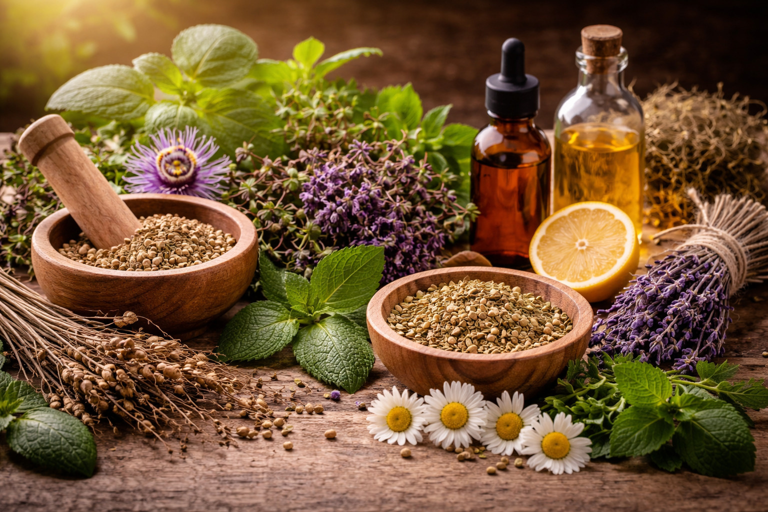 Een verzameling natuurlijke kruiden voor ontspanning, waaronder kamillebloemen, valeriaanwortel, citroenmelisse en lavendel, op een rustieke houten ondergrond.