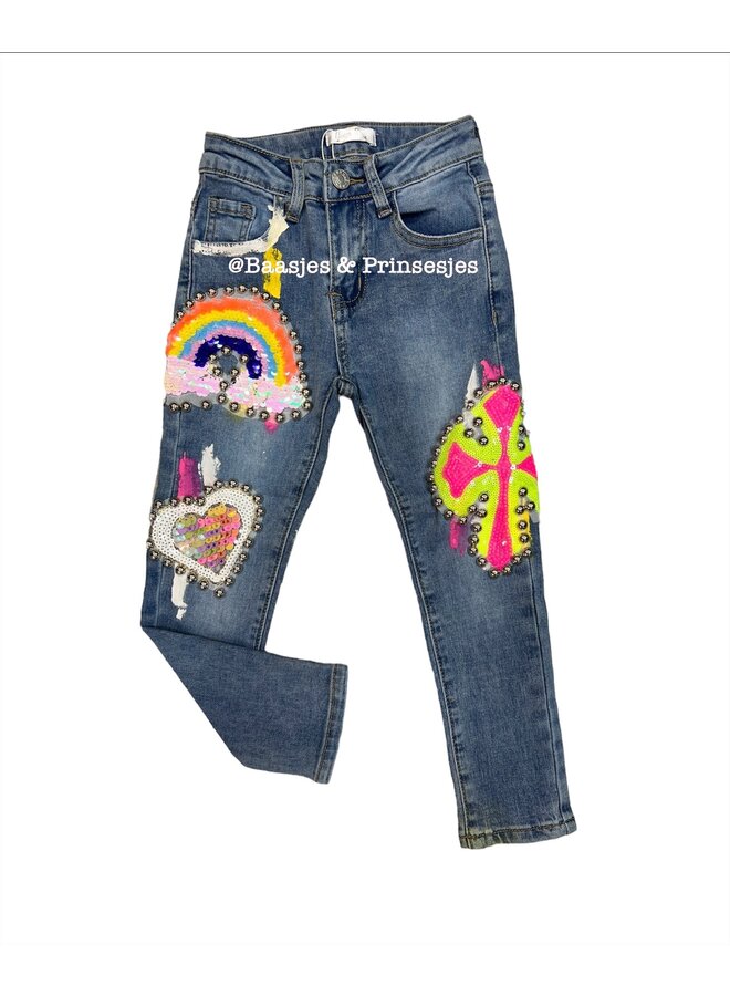 Blauw - ' Regenboog ' - Meisjes jeans broek.