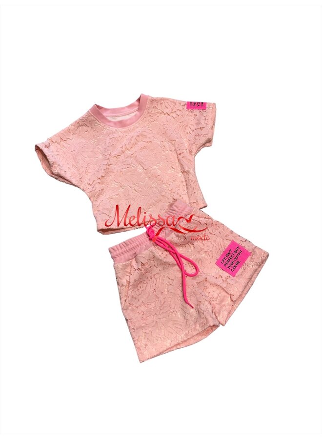 Roze - ' Kant' - Tweedelige Meisjes Set.
