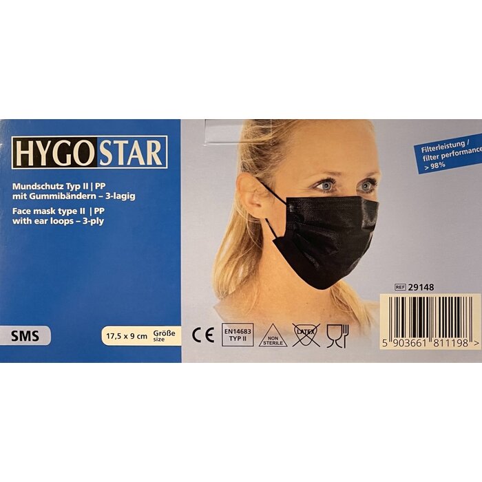Hygostar Face mask type II, 3-ply | PP | black - 50pcs