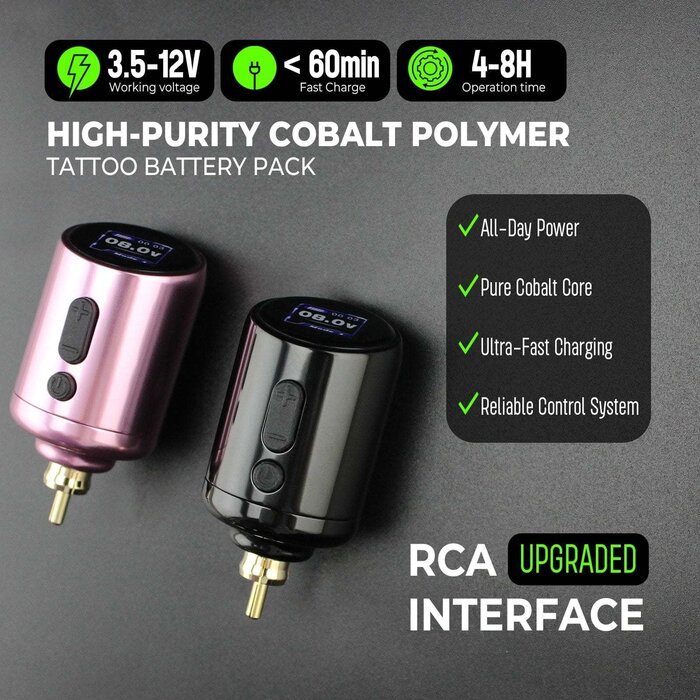 Wireless Tattoo Battery Pack RCA, High-Purity Cobalt Polymer - Black