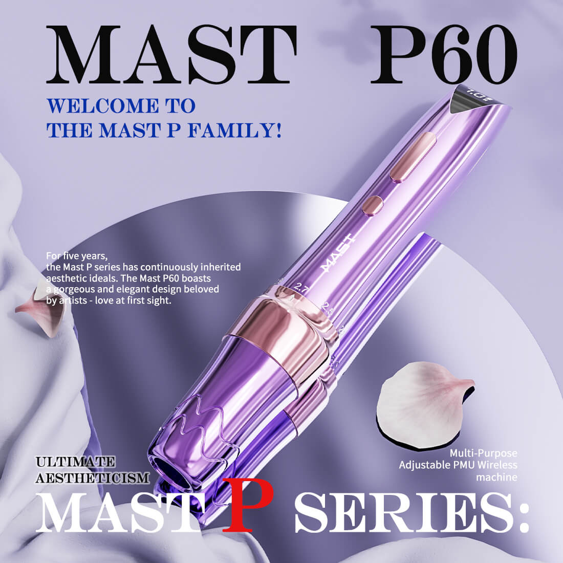 Dragonhawk MAST Mast P60 Wireless Tattoo Machine - Purple - 2 Batteries + RCA Adapter
