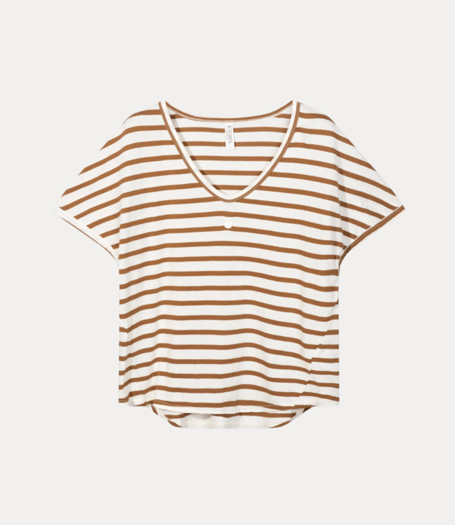 10Days V-neck tee stripes ecru/cedar brown  20-748-4203-3059