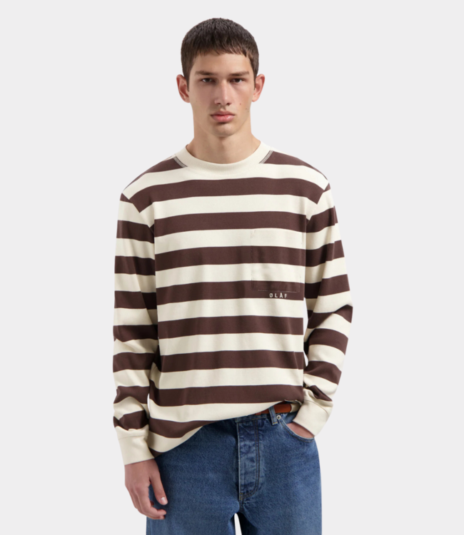 Olaf Striped rib crewneck hot fudge/off-white M220204-HOT FUDGE/OFF-WHITE