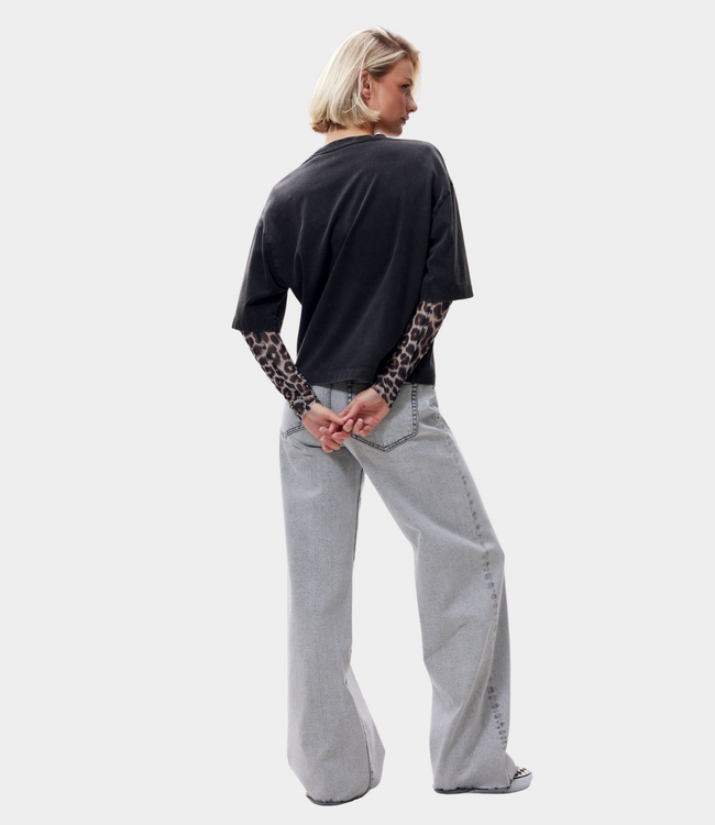 Catwalk Junkie Loose fit tee leopard mesh sleeves faded dark grey