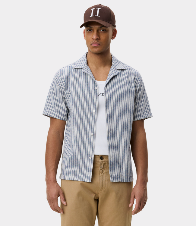 Les Deux Stripe cotton-linen ss shirt dark denim blue