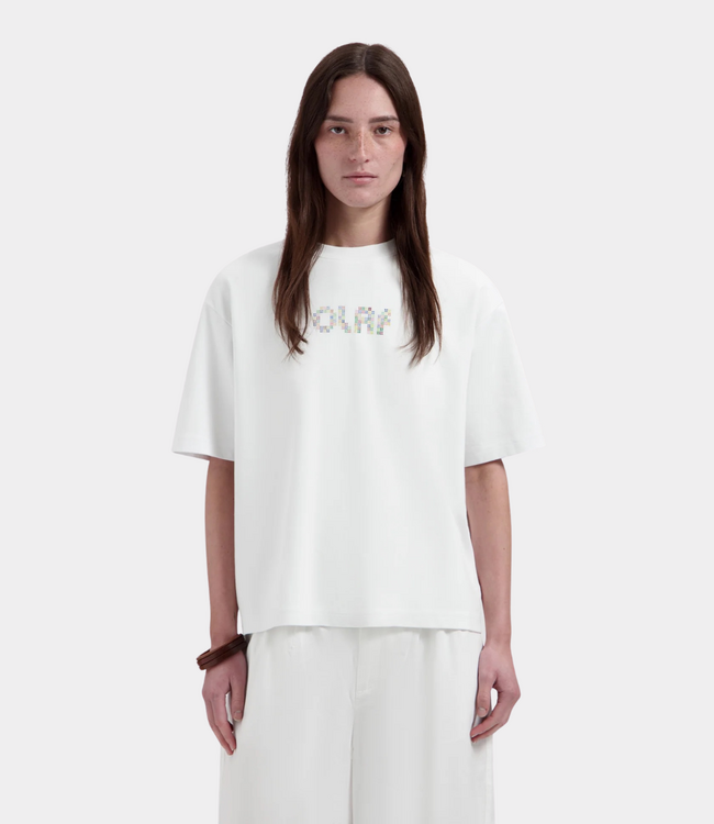 Olaf Dotted retro logo T-shirt optical white – dames T-shirt van katoen met comfortabele pasvorm