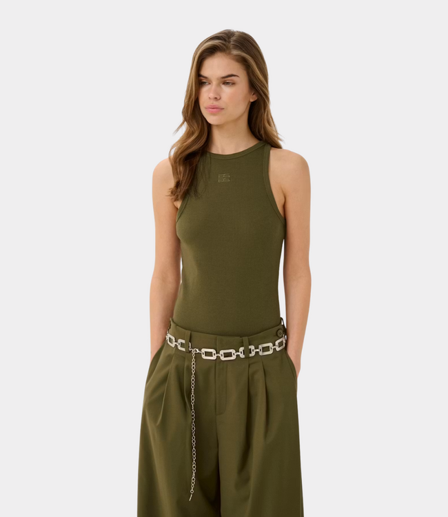 Gestuz GZdrew logo tank 2.0 military olive – fitted women’s ribbed cotton tank top with embroidered logo and Scandinavian minimalist style
