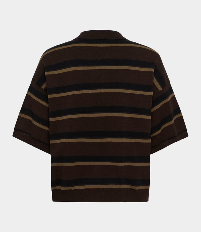 Gestuz GZtaia SS polo pullover molé/black/military olive – gestreepte dames polo knit met relaxed fit, korte mouwen en moderne Scandinavische uitstraling