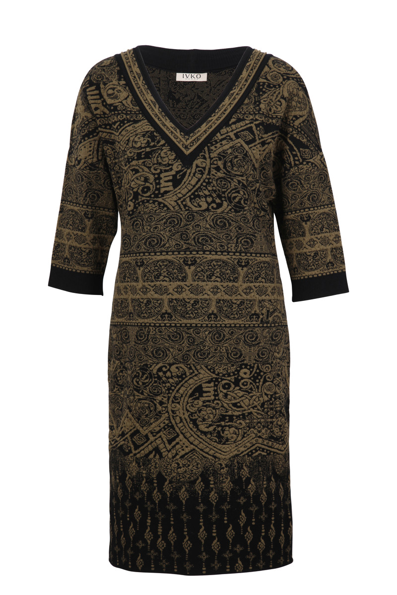 IVKO Outlet - V-Neck Dress Jacquard Pattern Black