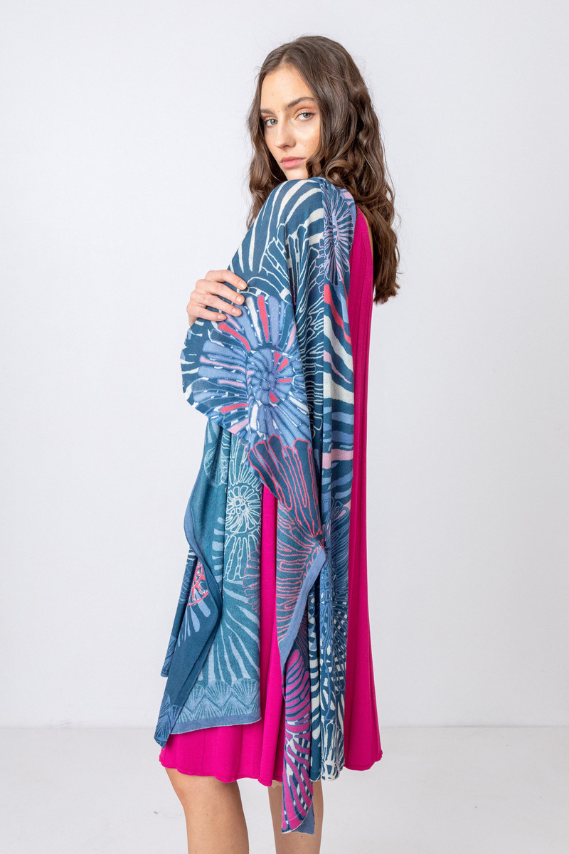 IVKO - Printed Shawl Sea Shell Motif Stone Blue