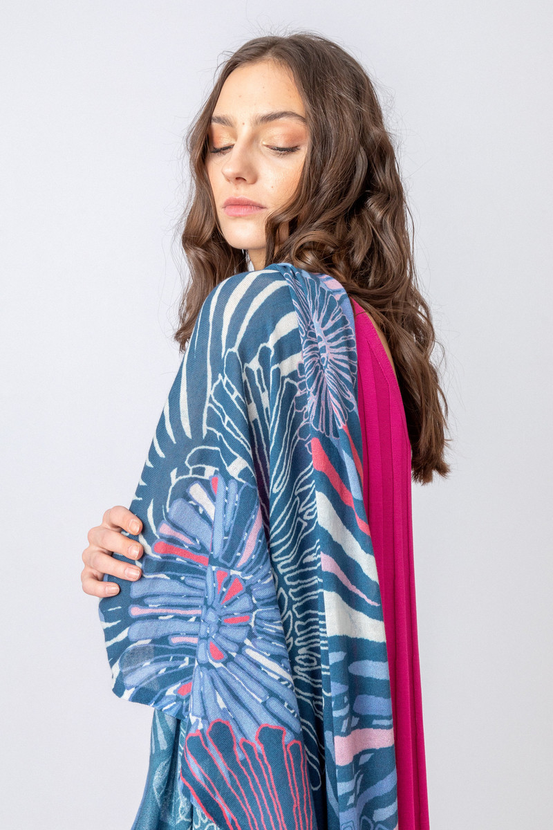 IVKO - Printed Shawl Sea Shell Motif Stone Blue