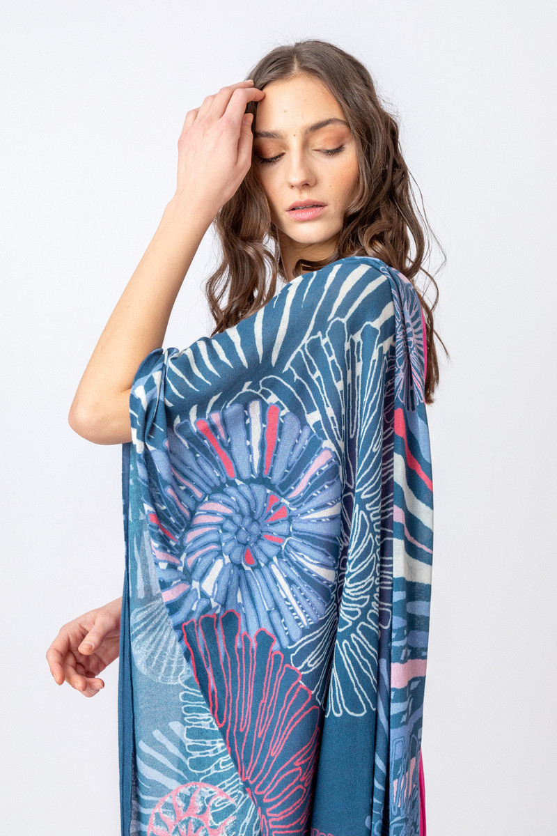 IVKO - Printed Shawl Sea Shell Motif Stone Blue