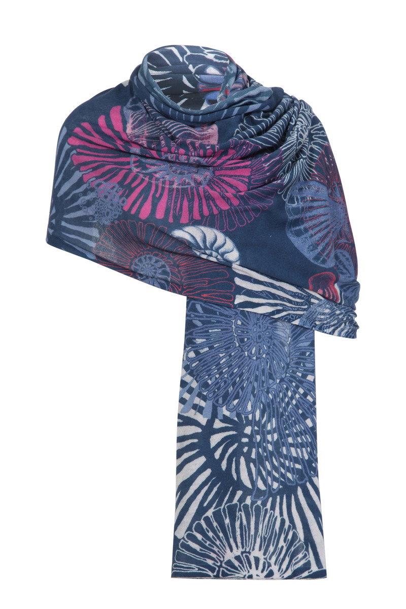 IVKO - Printed Shawl Sea Shell Motif Stone Blue