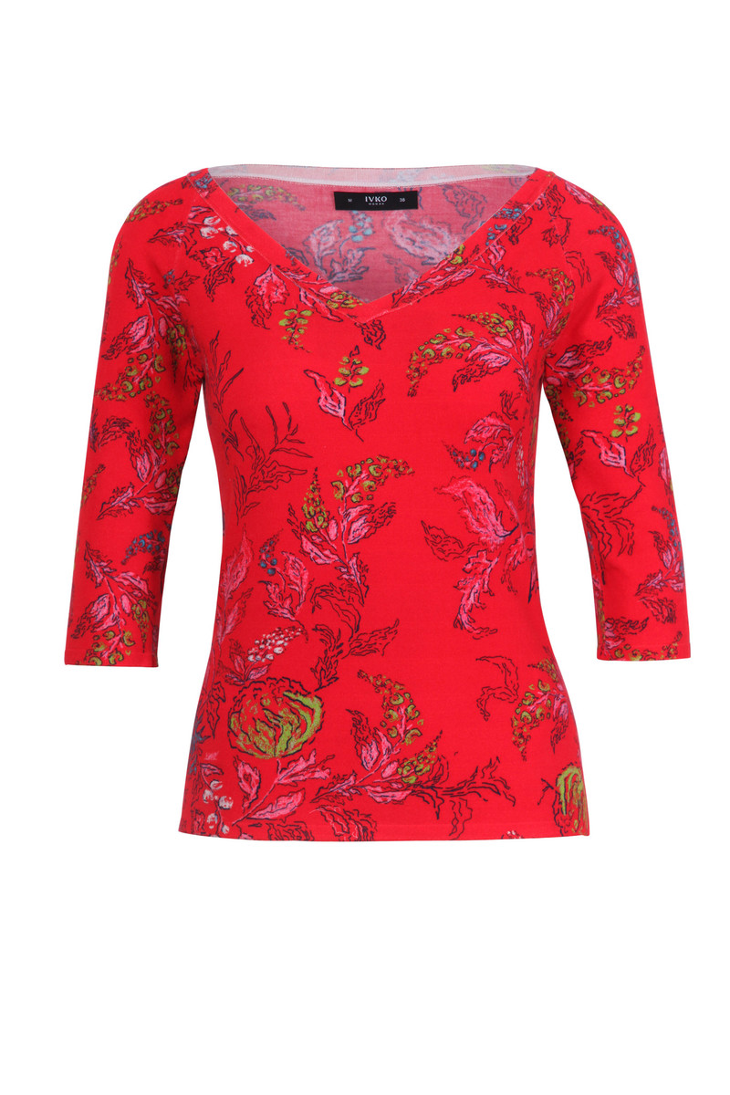 IVKO - V-Neck Pullover Floral Motif Red