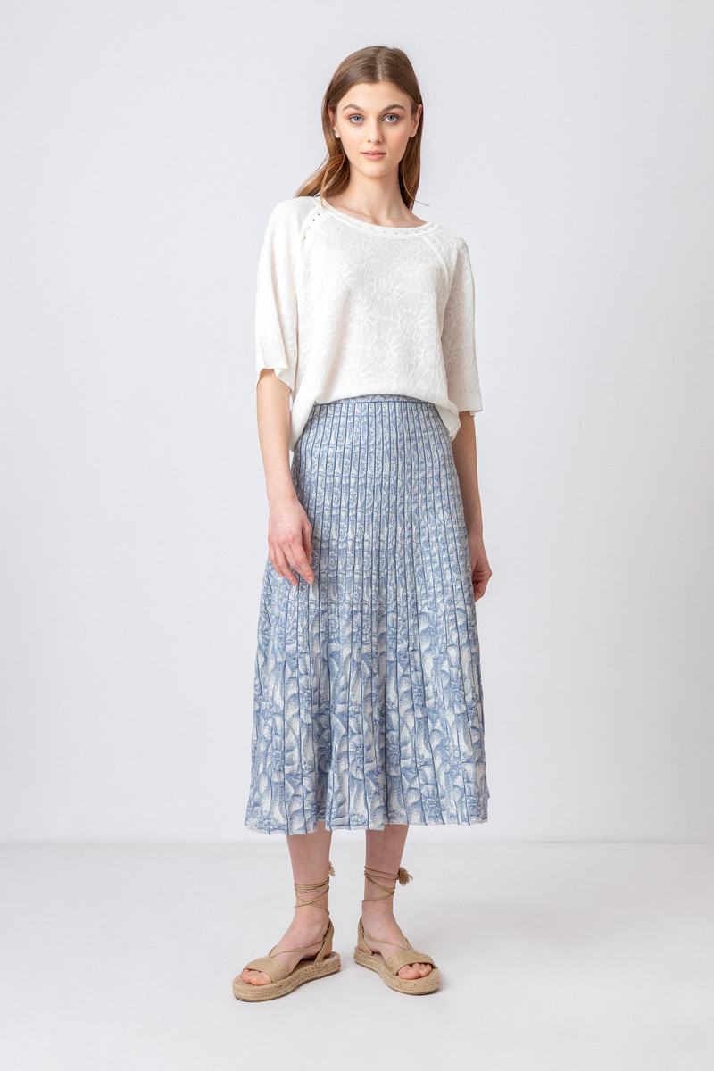 IVKO Outlet - Skirt with Pleats Sea Shell Pattern Stone Blue