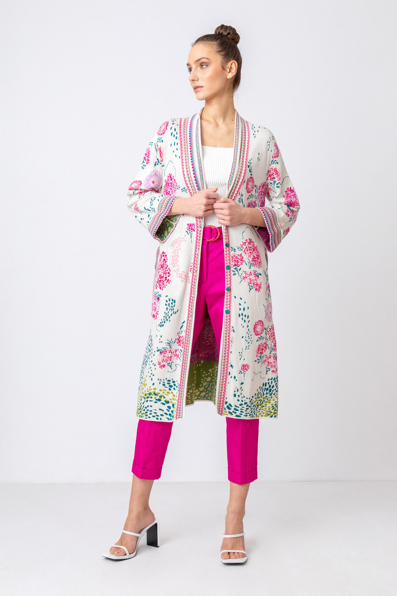 IVKO - Deep V-Neck Coat Flower Motif Off-White