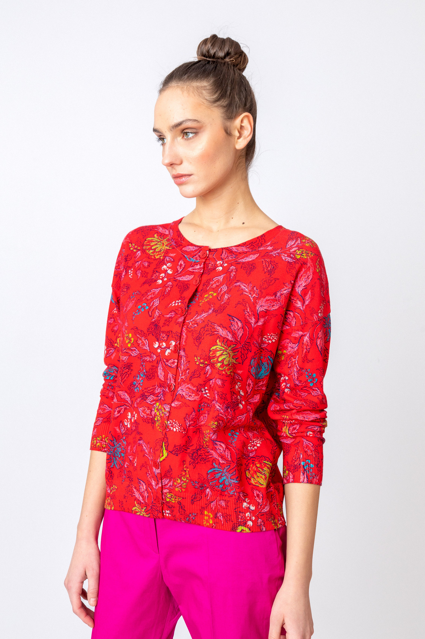 Cardigan IVKO En Laine Mérinos Gris Anthracite - Motif Floral - Taille Moyenne - Neuf Avec étiquettes