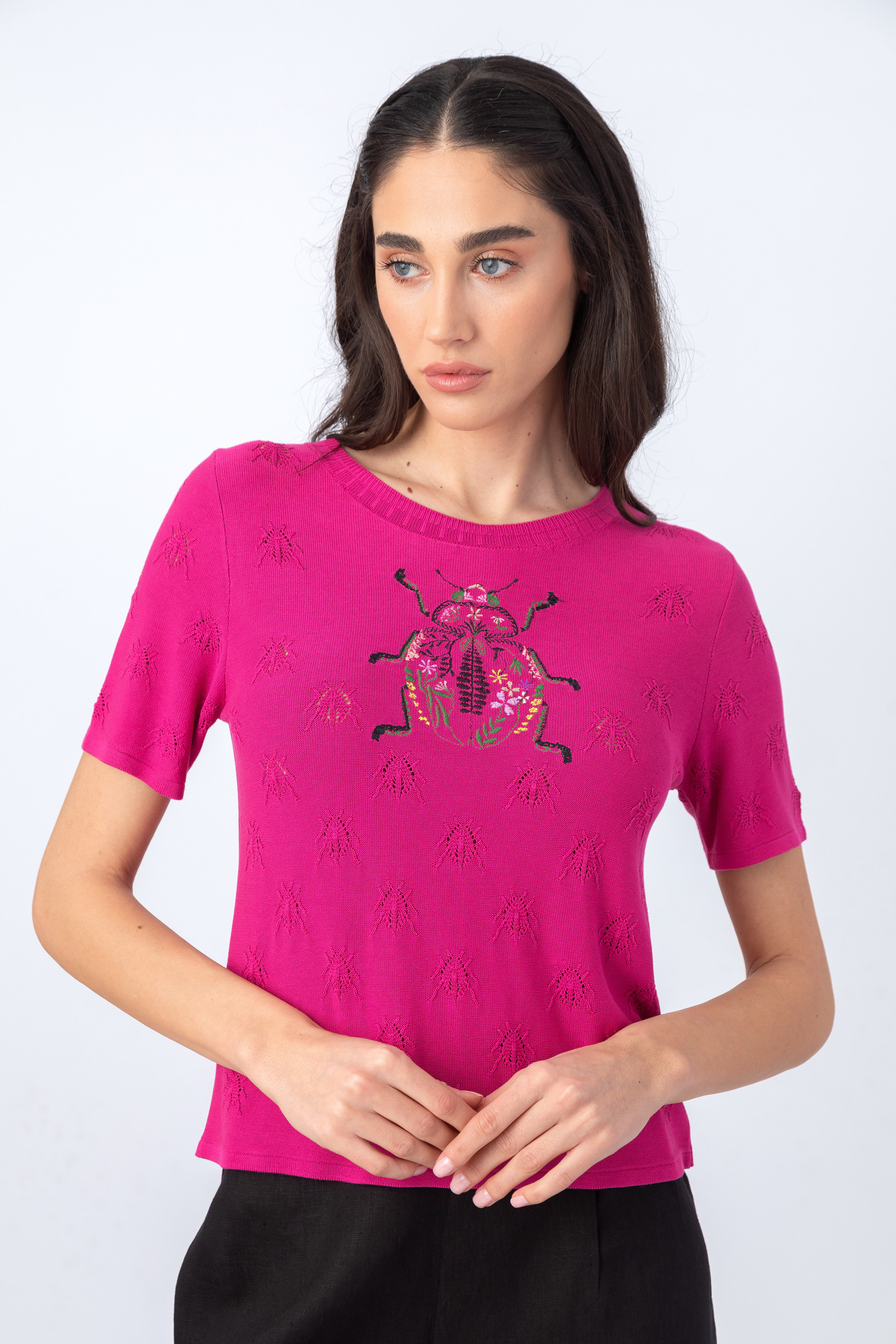 IVKO  Woman IVKO  - Structure Short Sleeve Pullover with Embroidery Pink