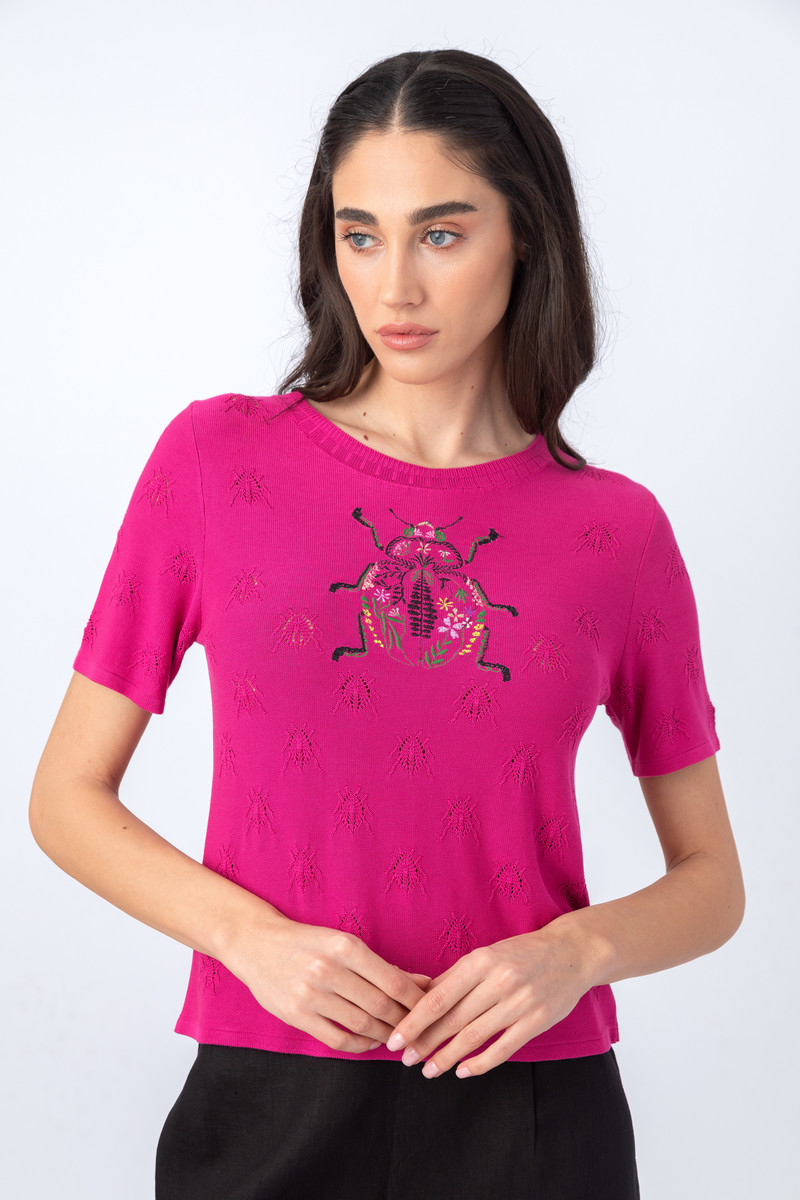 IVKO  - Structure Short Sleeve Pullover with Embroidery Pink