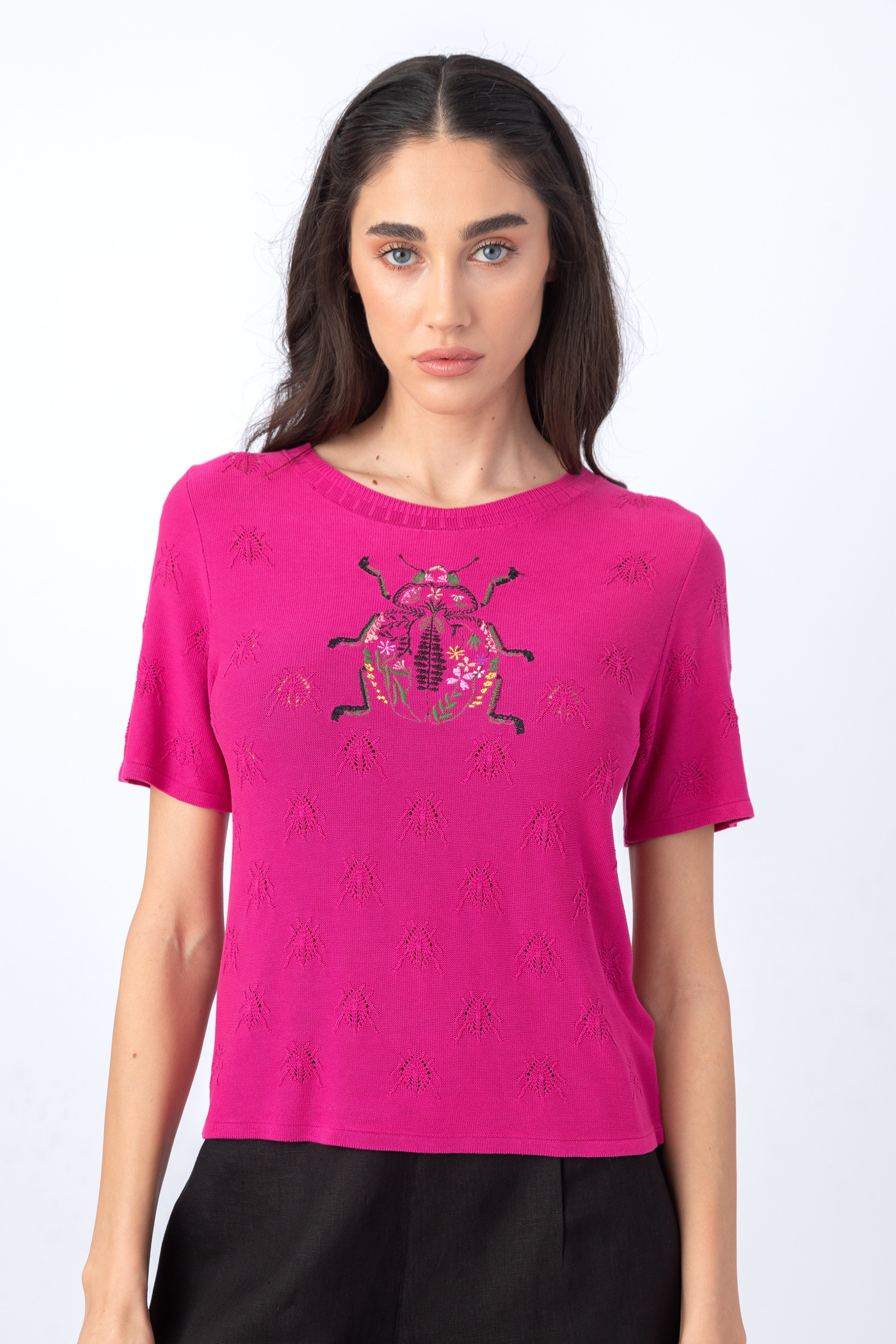 IVKO  Woman IVKO  - Structure Short Sleeve Pullover with Embroidery Pink