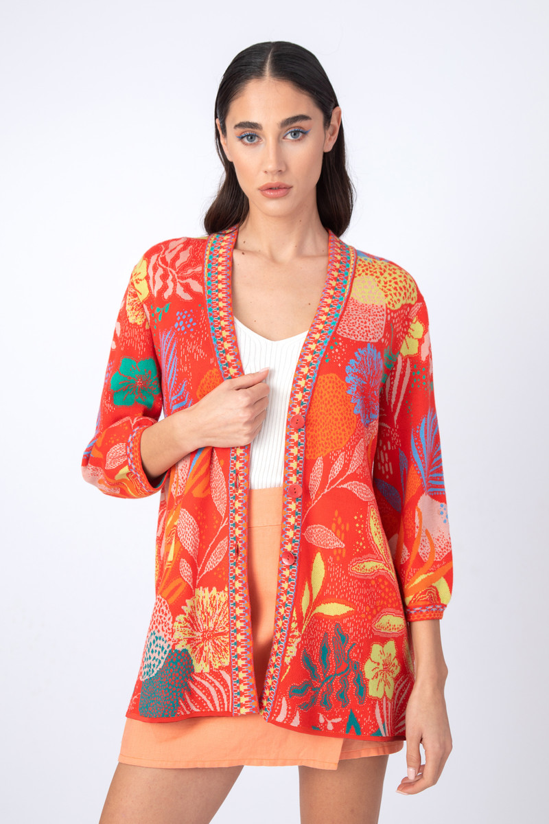 IVKO - Jacquard Long Cardigan V-Neck Sea Plants Pattern Red