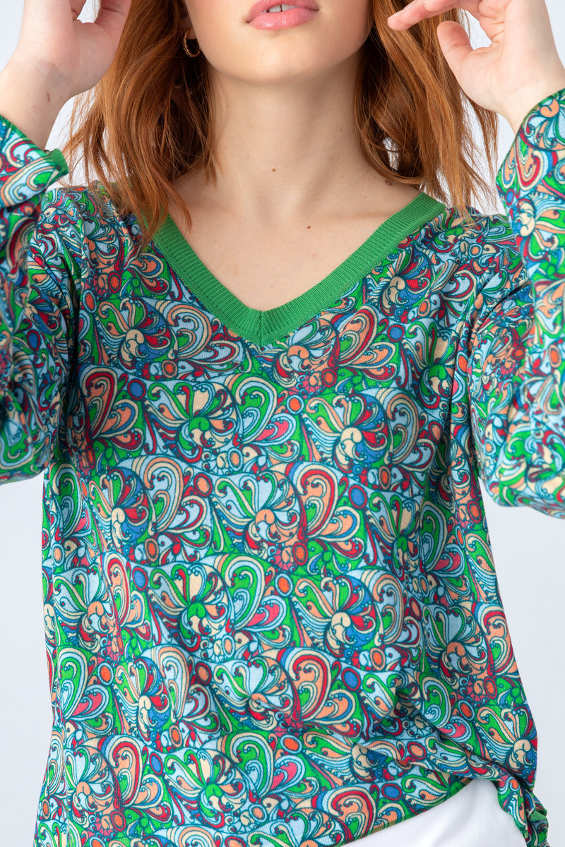 IVKO - Printed V-Neck Pullover Necklace Motif Green