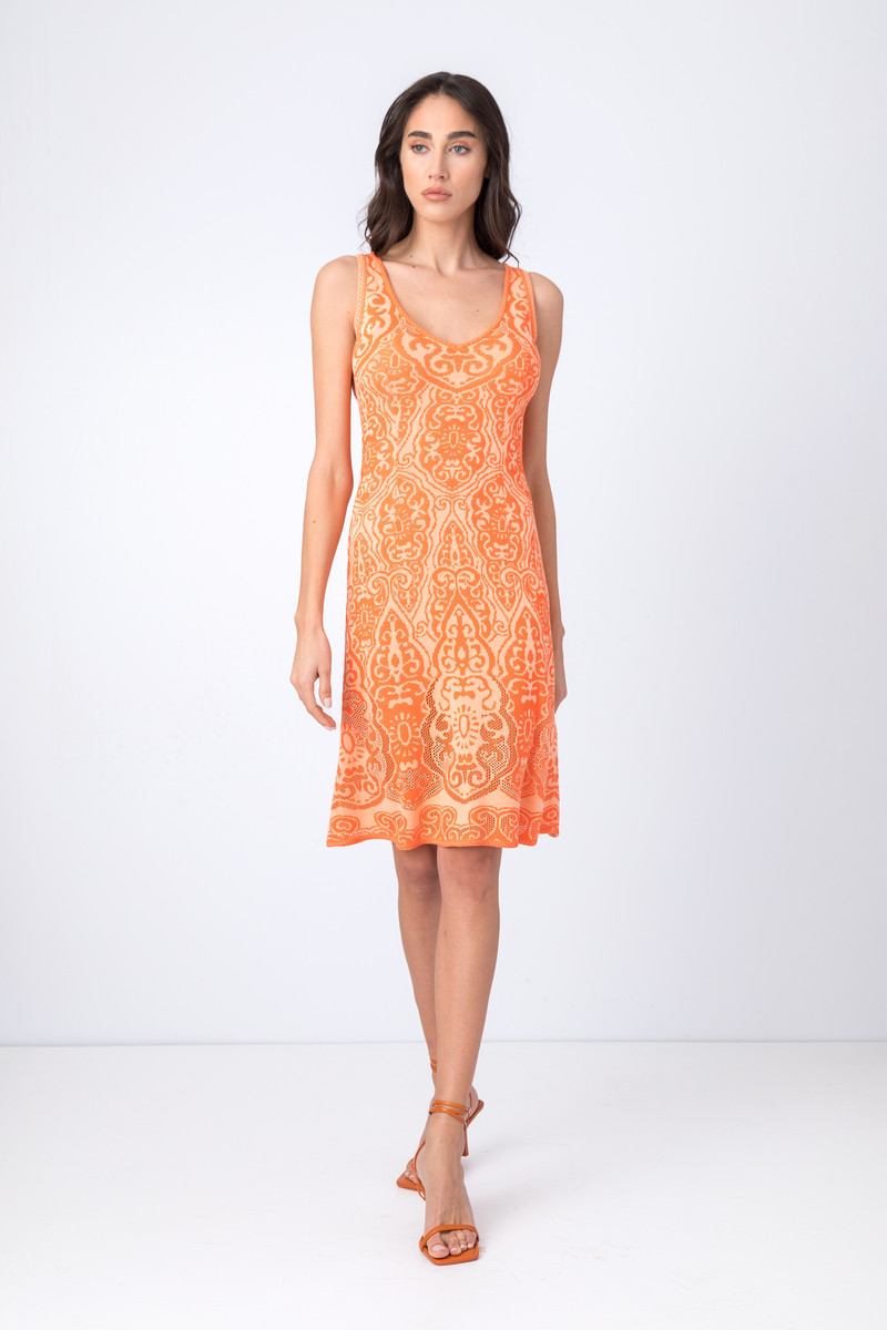 IVKO - Jacquard Dress V-Neck Filigree Motif Peach