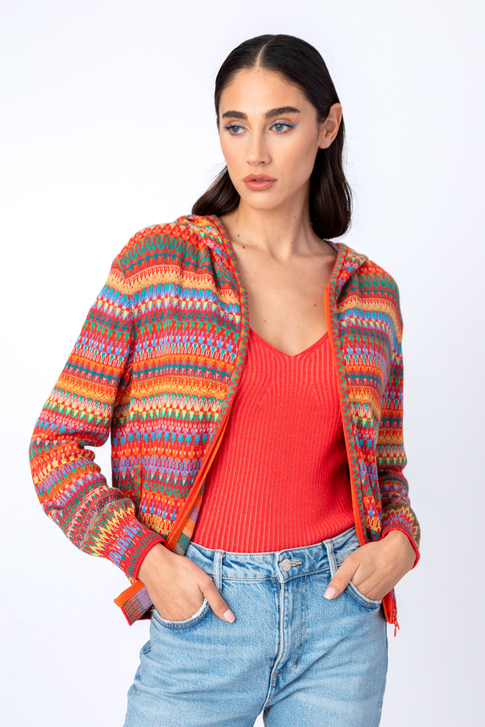 IVKO  Woman IVKO - Jacquard Jacket with Hoodie Stripe Pattern Red