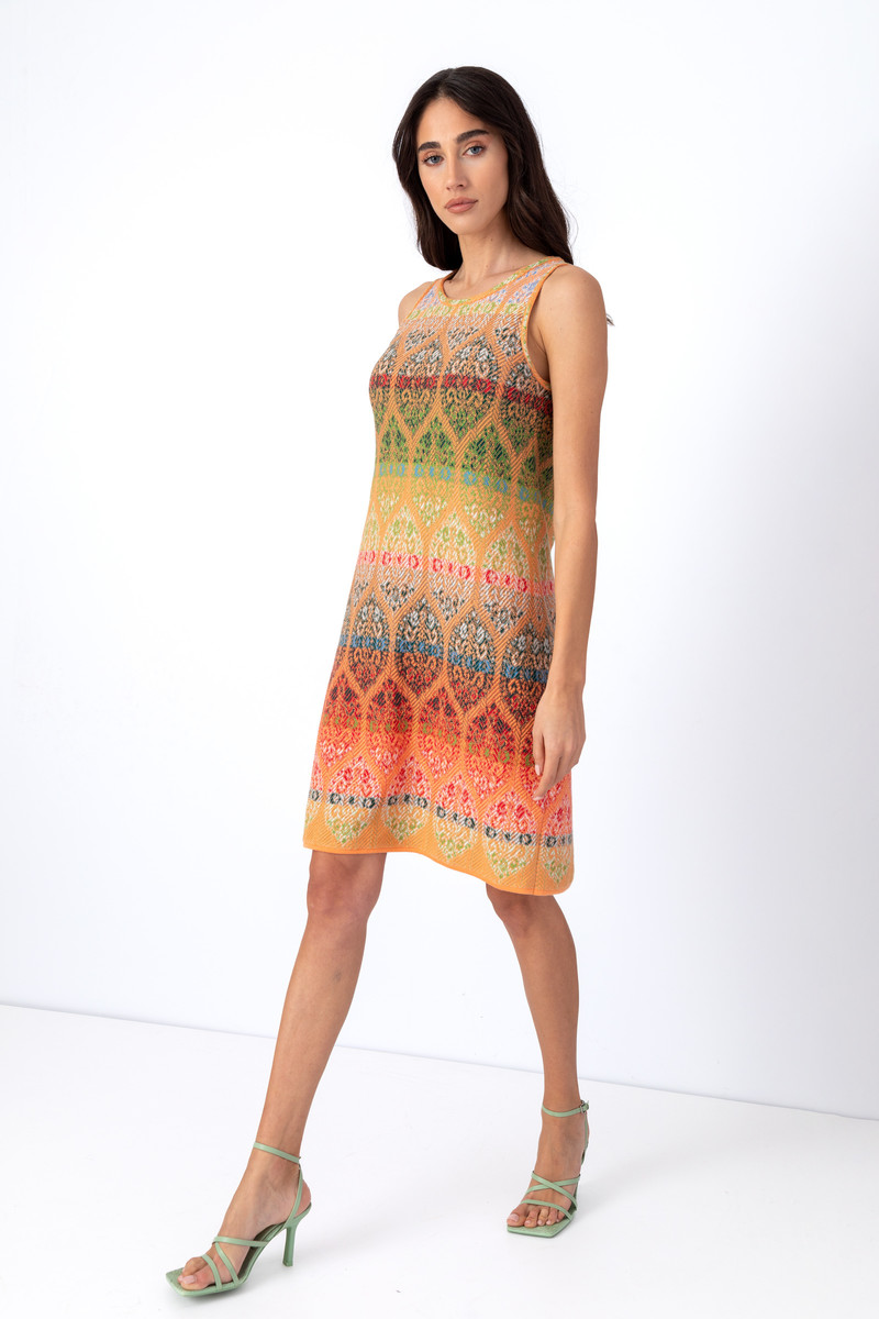 IVKO - Jacquard Dress Sleeveless Retro Pattern Peach