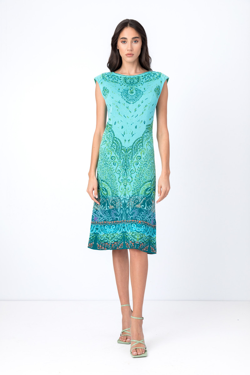 IVKO - Jacquard Dress Sleeveless Filigree Motif Sky