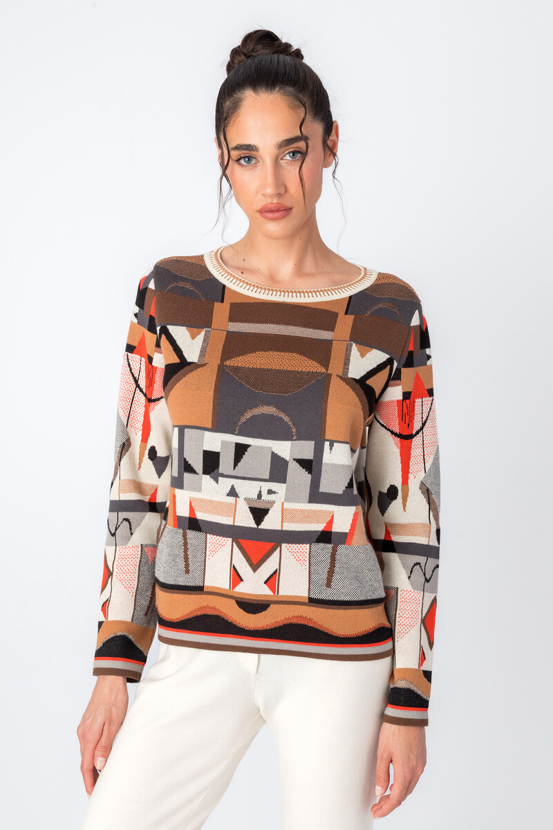 IVKO - Jacquard Pullover Abstract Pattern White Coffee